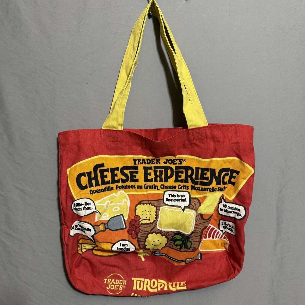 Trader Joe's Shopping Bag Tote Fabric Reusable Cheese Adventures Red Yellow